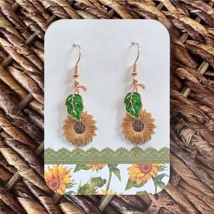 New Handmade Gold-Tone "Sunflowers with Green Leaves" Dangle Earrings